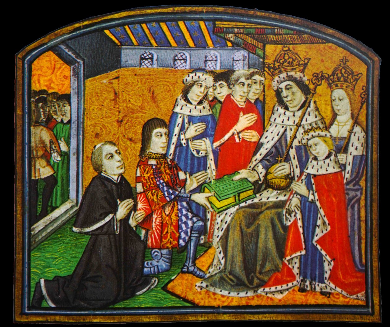 Anthony Woodville, Earl Rivers, præsenterer filosoffernes dikter og ordsprog for sin svoger, Edward IV. af English School