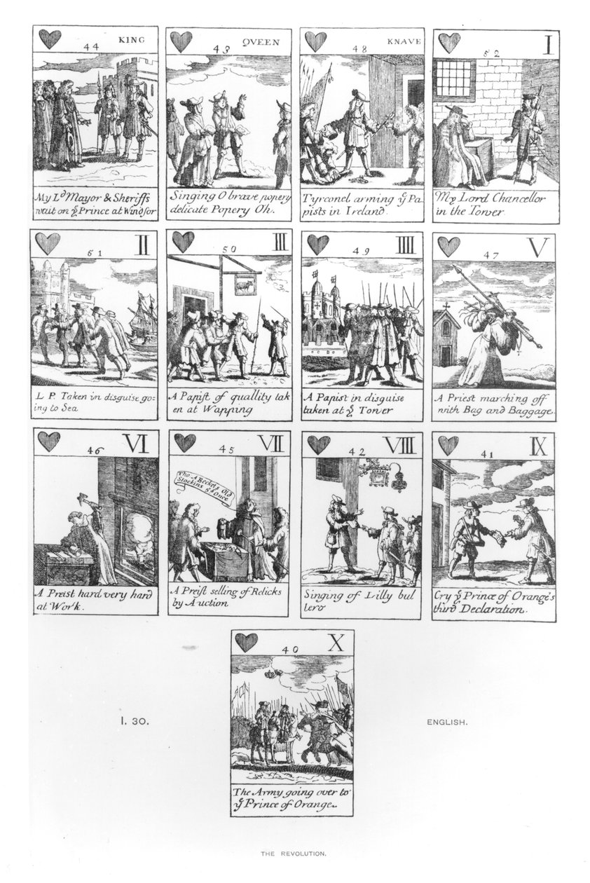 Anti-katolske spillekort til minde om den glorværdige revolution i 1688, hjertedragt af English School