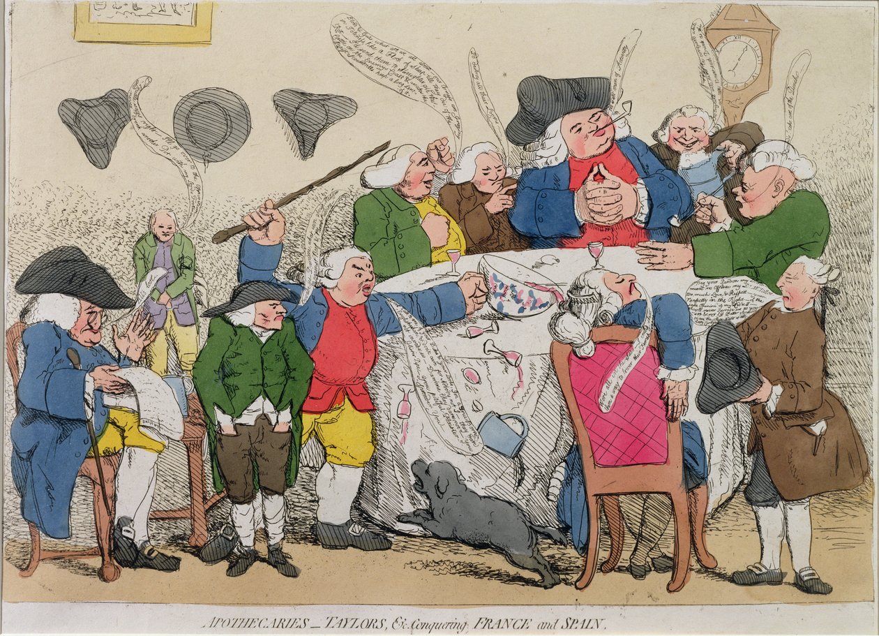 Apothecaries, Taylors & Co., der erobrer Frankrig og Spanien (håndfarvet radering) af English School