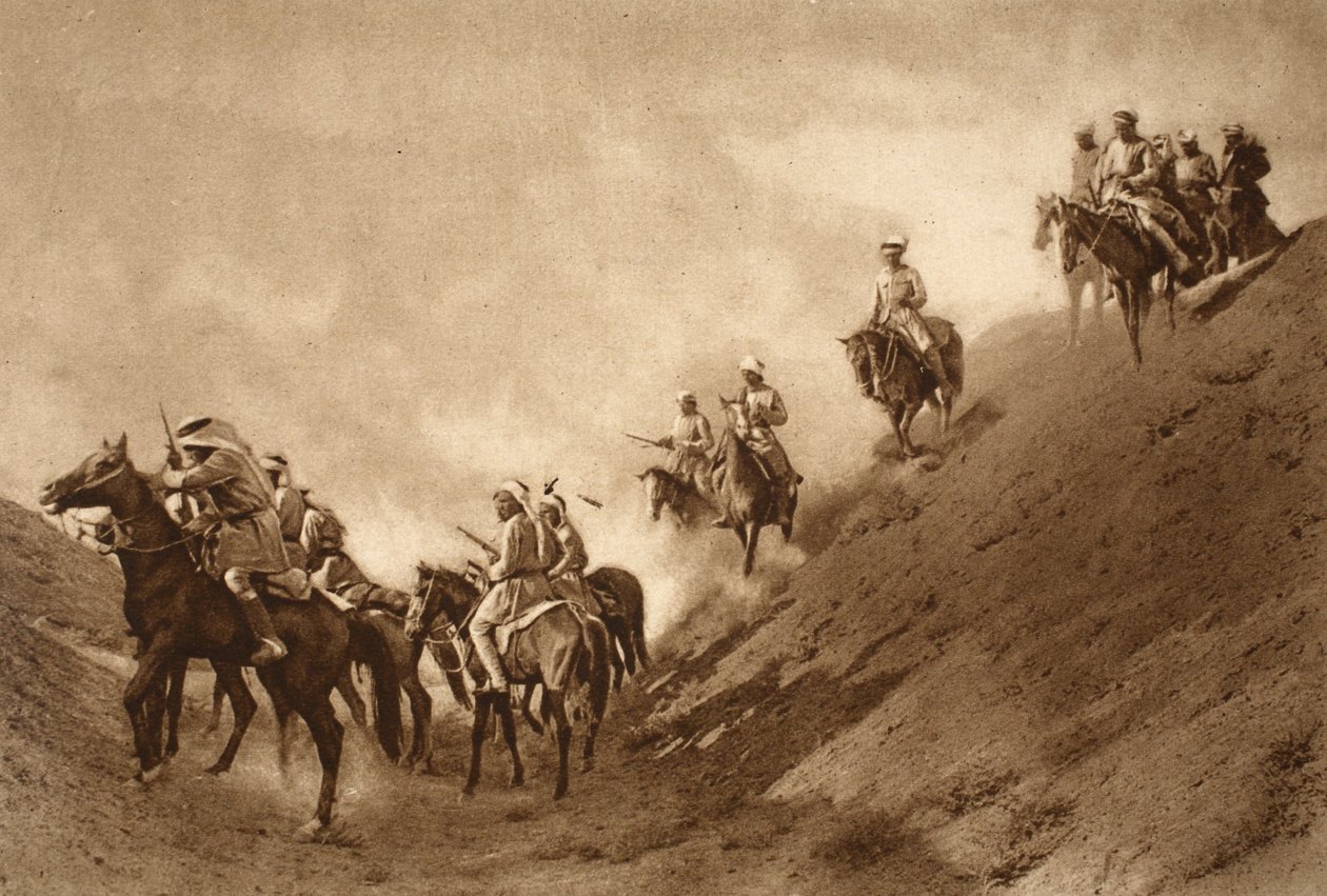 Arabisk bereden politi hjalp briterne med at krydse den udtørrede seng af en gammel kanal, 1914-19 af English School