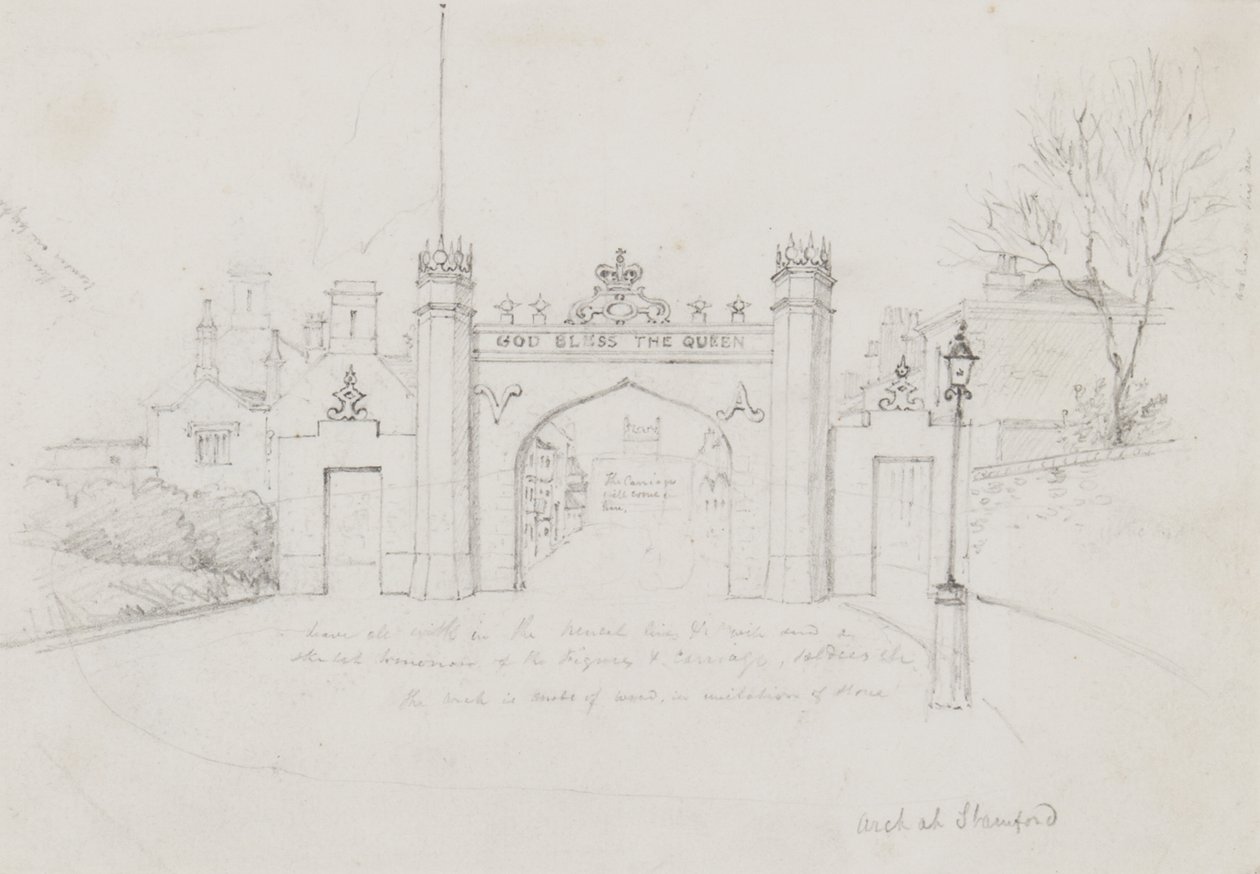 Arch ved Stamford, rejst for at byde dronning Victoria og prins Albert velkommen på vej til Burghley House (blyant på papir) af English School
