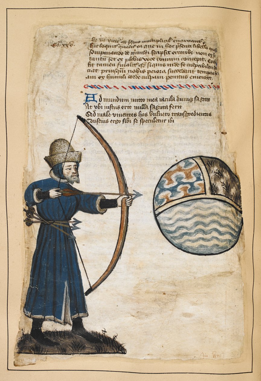 Archer (John Gower?) skyder pile mod verden for at ramme de onde, illustration fra 