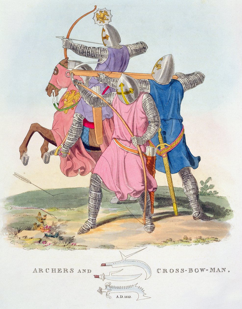 Archers and a Cross-bowman, 1312, fra Ancient Armor af Samuel Rush Meryrick, 1824 af English School