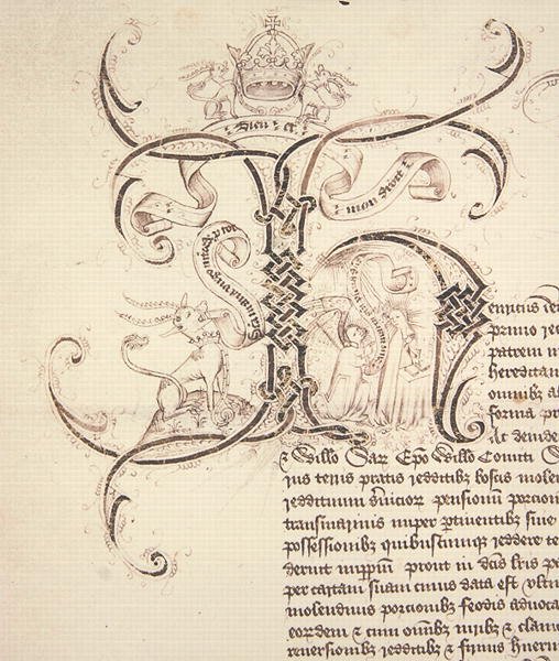 Arkiv 11980: Dekoreret initial H fra kongelig charteroptagelse, bevilling af kong Henry VI til New College Oxford af godserne i Newton Longville af English School