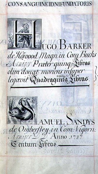 Arkiv 3693 f.48 Side, der viser to velgørere fra New College, Oxford; Hugo Barker og Samuel Sandys, fra a Benefaction Book af English School