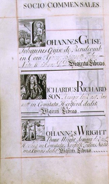 Arkiv 3693 f.60v Side med tre velgørere fra New College, Oxford; Johannes Guise, Richardus Richardson og Johannes Wright, fra en velsignelsesbog, 16812-84 (pen og blæk) af English School