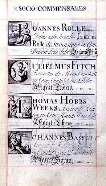 Arkiv 3693 f.65 Side med fire velgørere fra New College, Oxford; Joannes Rolle, Gulielmus Fitch, Thomas Hobbs Weeks og Johannes Bassett, fra en Benefaction Book af English School