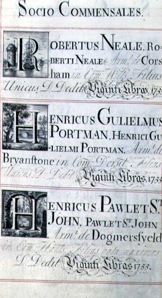 Arkiv 3693 f.95 Side med tre velgørere fra New College, Oxford; Robertus Neale, Henricus Gulislmus Portman og Henricus Pawlet St. John af English School