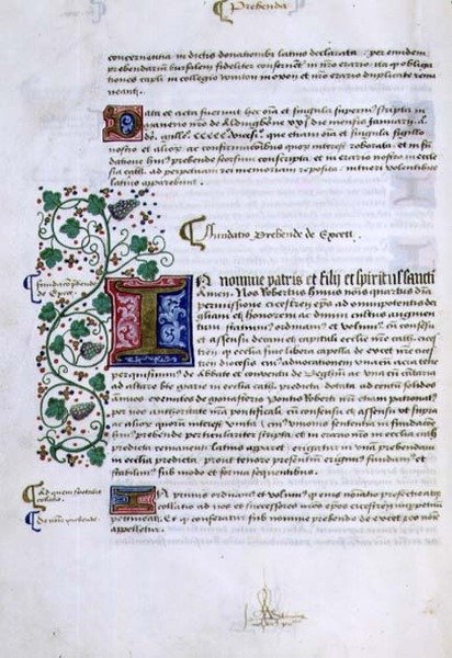 Arkiv 9432 f.15v Side med tekst med oplyst initial, fra Foundations Book of Robert Sherborne eller Shirburn (c.1450-1536) Biskop af Chichester (vellum) af English School