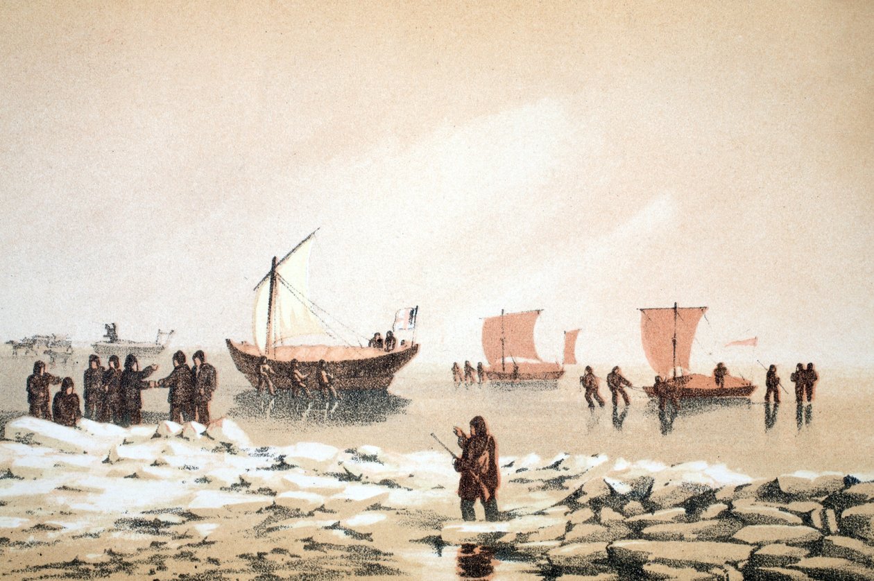 Arctic Travelling, illustration fra Voyage to Baffins Bay og Barrow Straits..., 1852 (håndkoloreret gravering) af English School