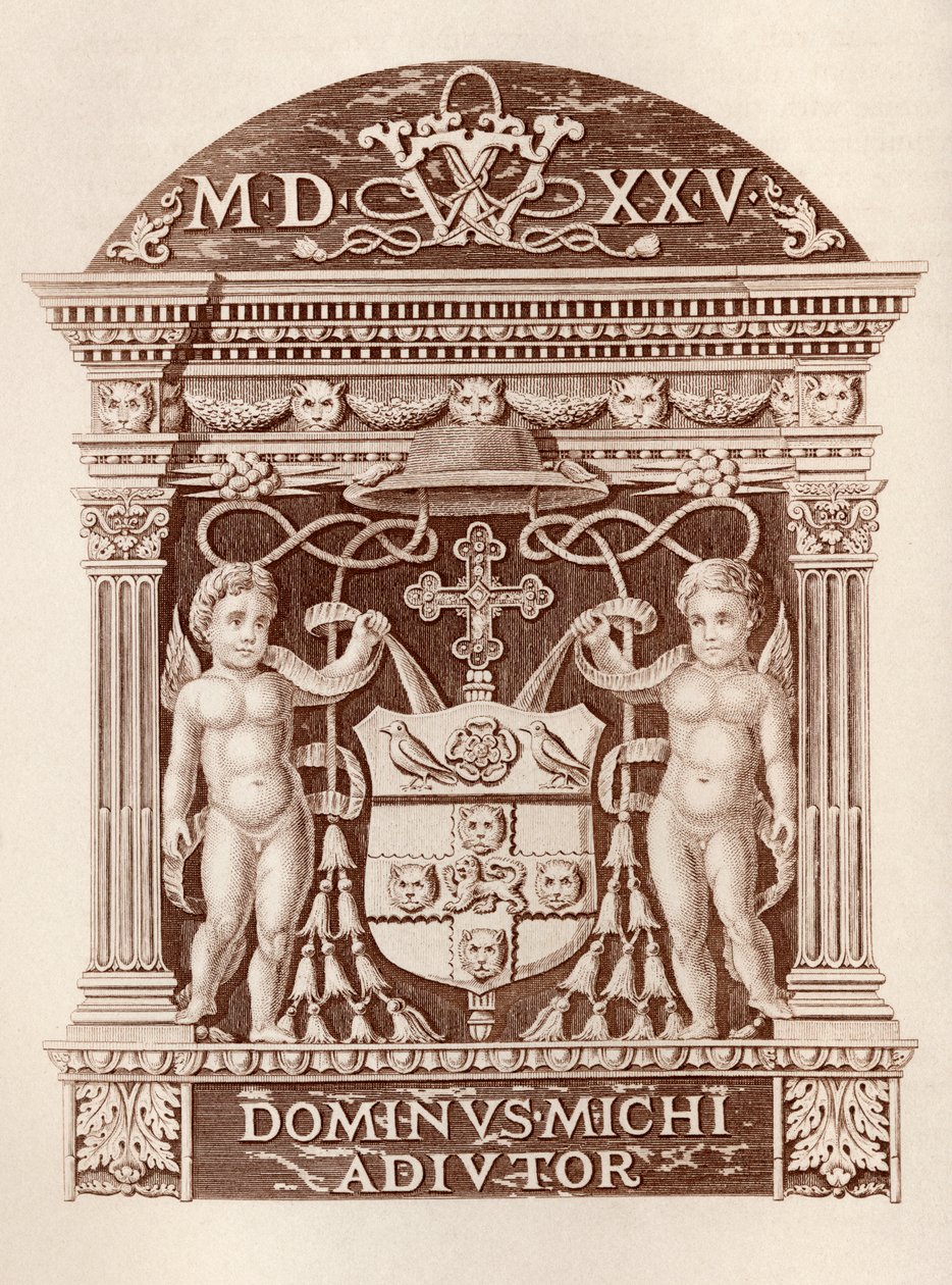 Arms of Cardinal Wolsey i terracotta ved Hampton Court Palace, fra History of Hampton Court Palace i Tudor Times af Ernest Law, udgivet London 1885 af English School
