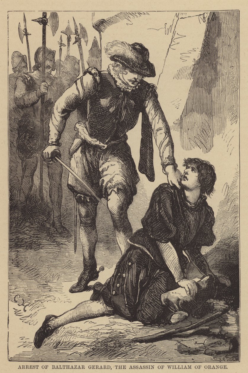 Arrestation af Balthazar Gerard, snigmorder af Vilhelm af Oranien (kobberstik) af English School