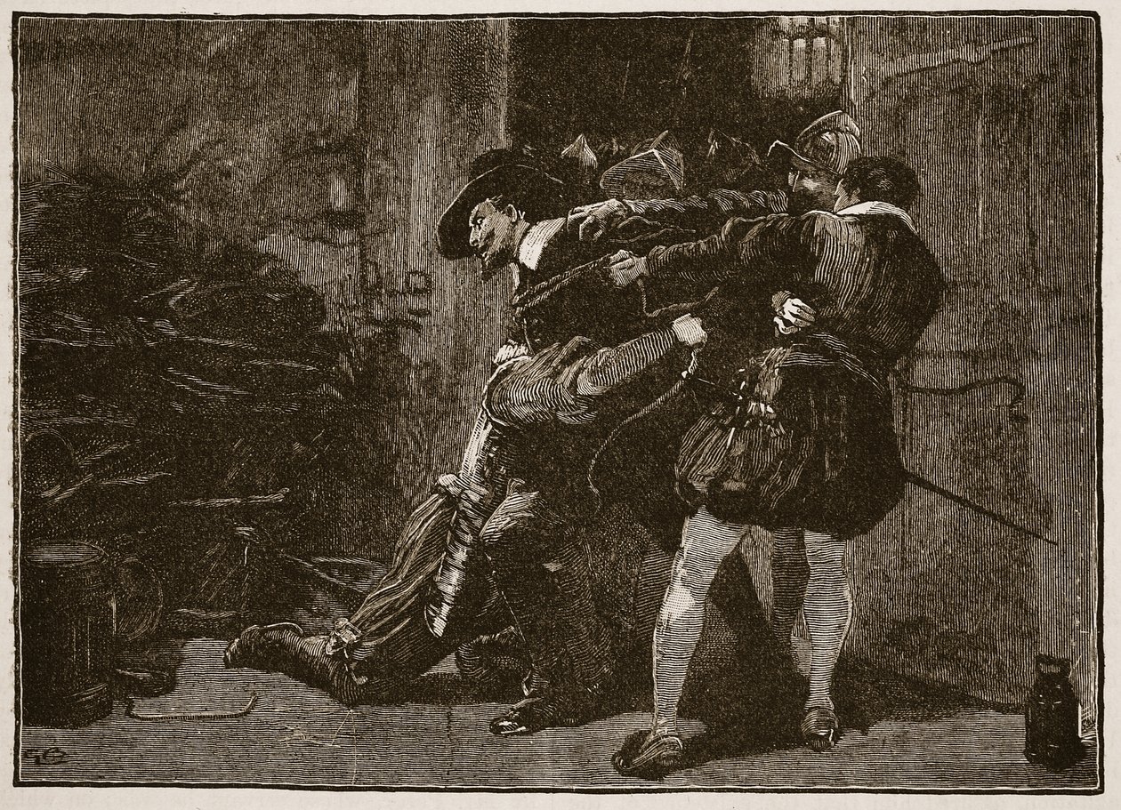 Anholdelse af Guy Fawkes, illustration fra Cassells Illustrated History of England (sepiafoto) af English School