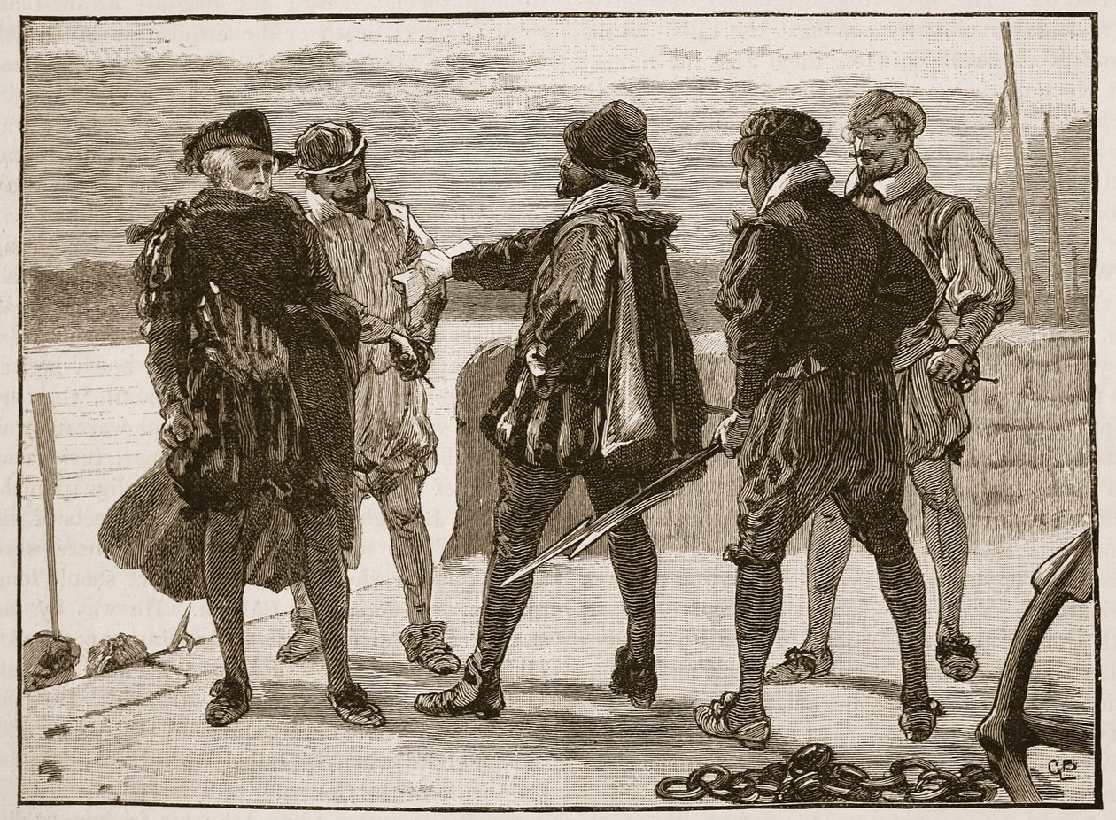 Arrestation af Sir Walter Raleigh, illustration fra Cassells Illustrated History of England (sepiafoto) af English School