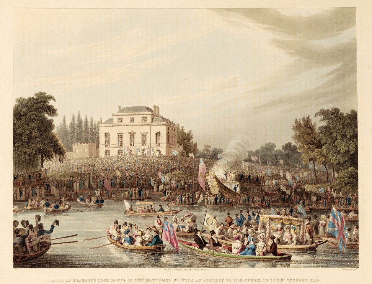 Ankomst til Brandenburger Vandmændenes Hus m. m. med Adresse til Dronningen den 3. Oktober 1820, pub. 1821 (farvet gravering) af English School