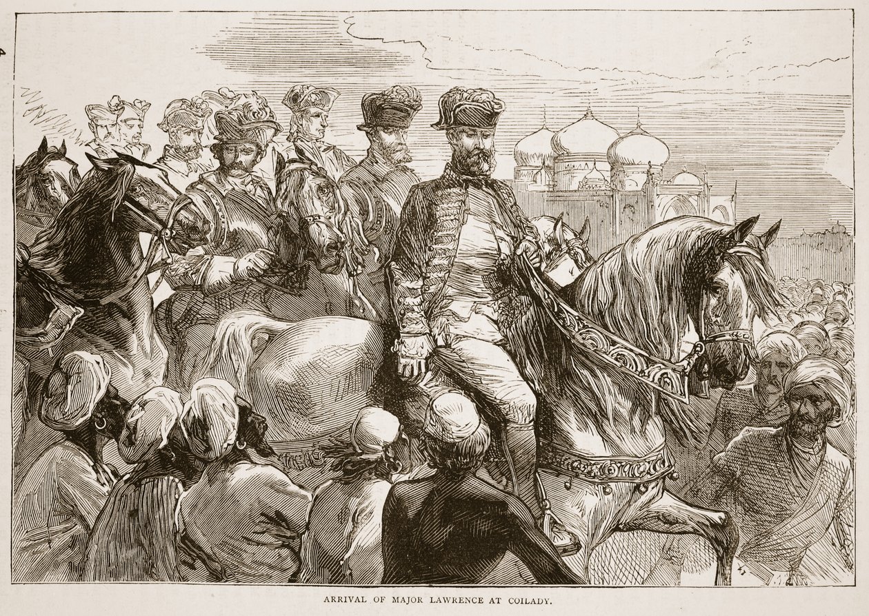 Major Lawrences ankomst til Coilady, illustration fra Cassells Illustrated History of India af James Grant, pub. 1879 af English School
