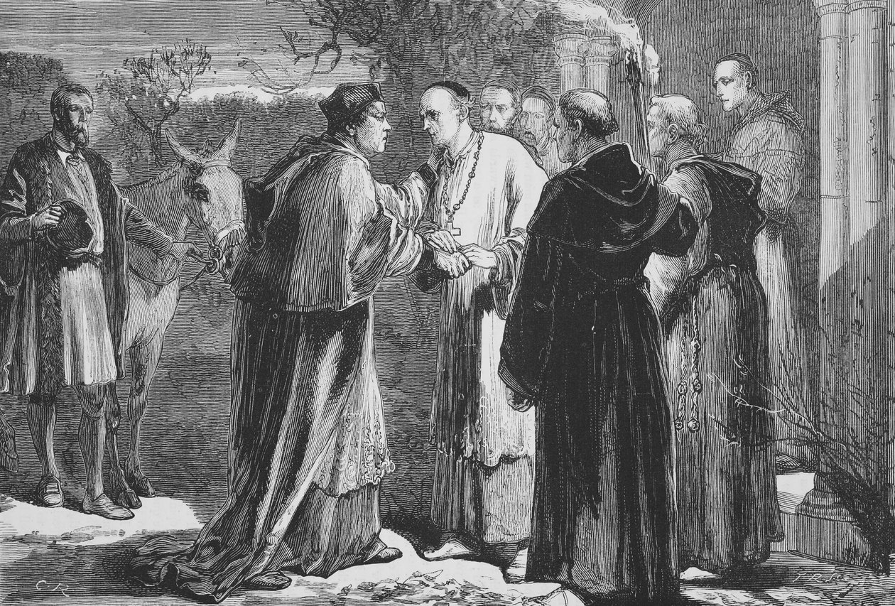 Wolseys ankomst til Abbey i Leicester, illustration fra The History of Protestantism af James Aitken Wylie (1808-1890), pub. 1878 af English School