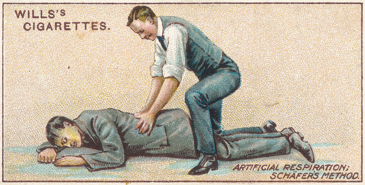 Kunstigt åndedræt, Schafers Method, nr. 25 fra First Aid-serien af Willss Cigarette-kort, 1913 af English School