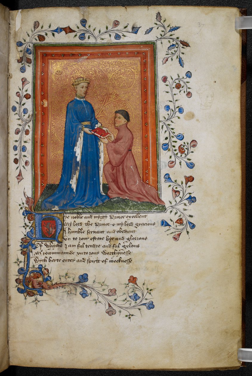 Arundel 38 f.37 Thomas Hoccleve præsenterer sin bog `Regement of Princes