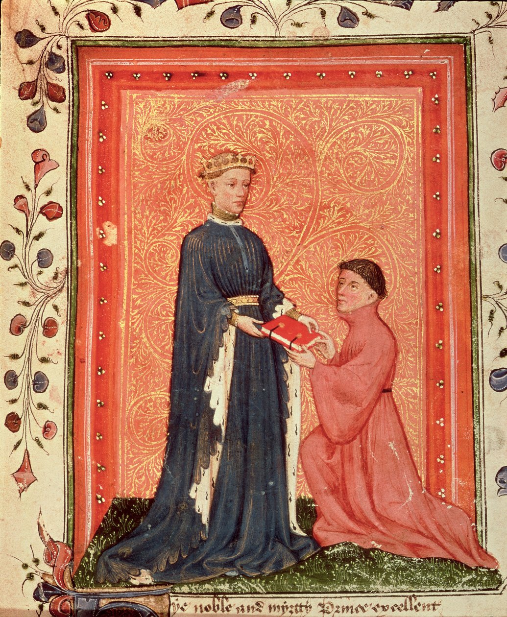 Arundel 38 f.37 Thomas Hoccleve præsenterer sin bog `Regement of Princes