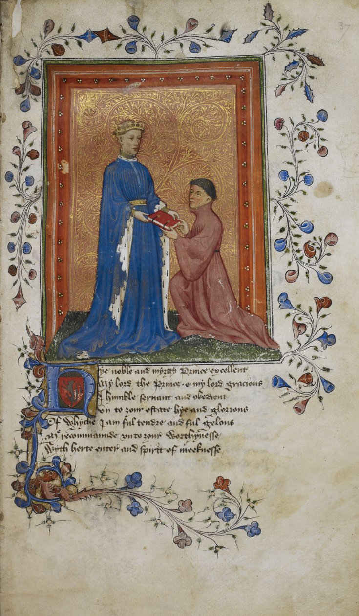 Arundel 38, f.37 Thomas Hoccleve esittelee kirjan Lancasterin prinssi Henrylle, kuvituksen teoksesta "De regimine principum" af English School