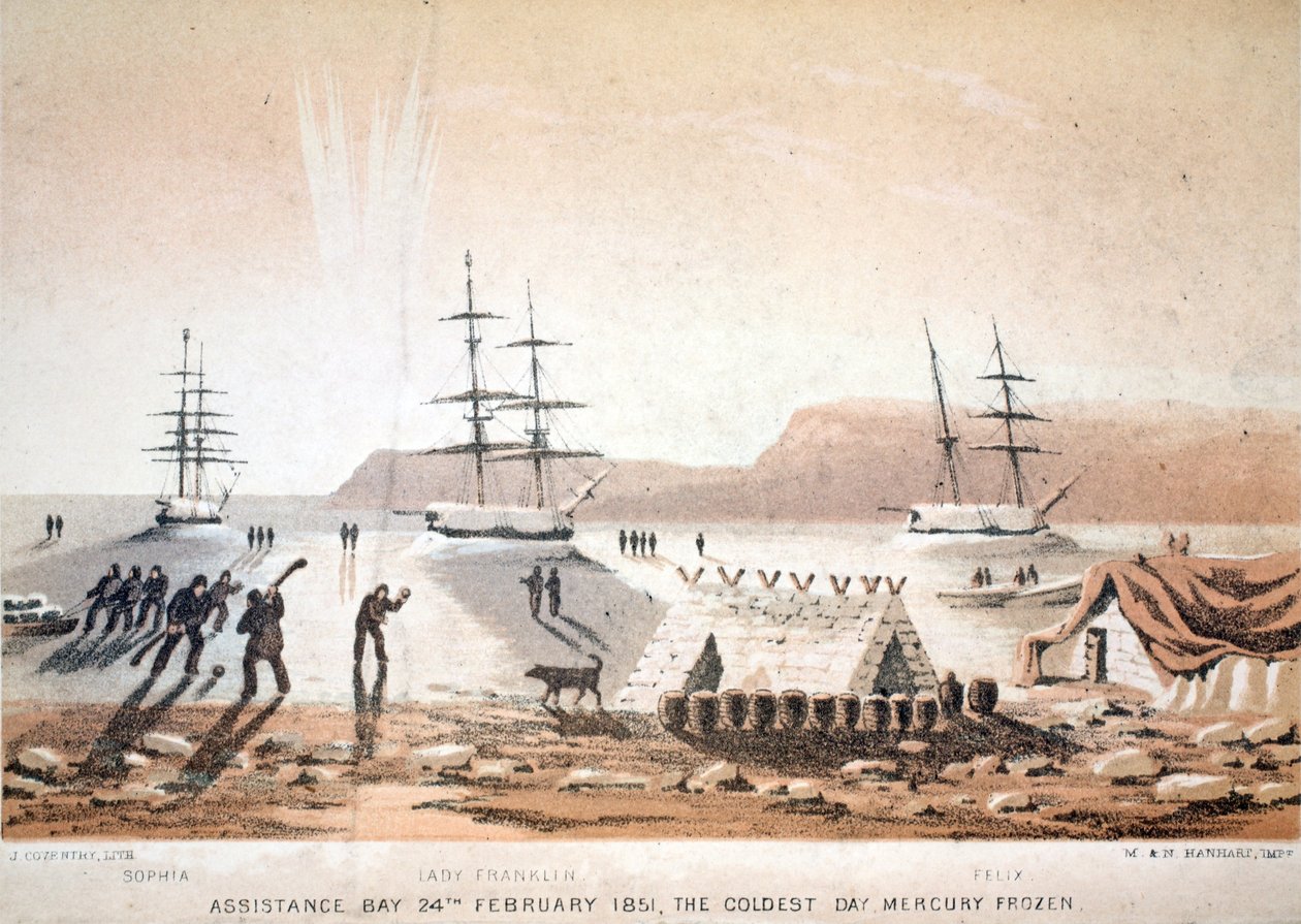 Assistance Bay, 24. februar 1851, den koldeste dag. Mercury Frozen, illustration fra Voyage to Baffins Bay og Barrow Straits..., 1852 (håndkoloreret gravering) af English School