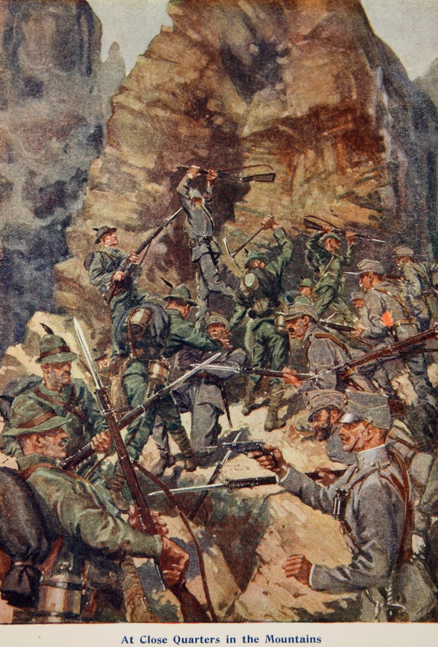 At Close Quarters in the Mountains, illustration fra Told in the Huts: The YMCA Gift Book, udgivet 1916 af English School