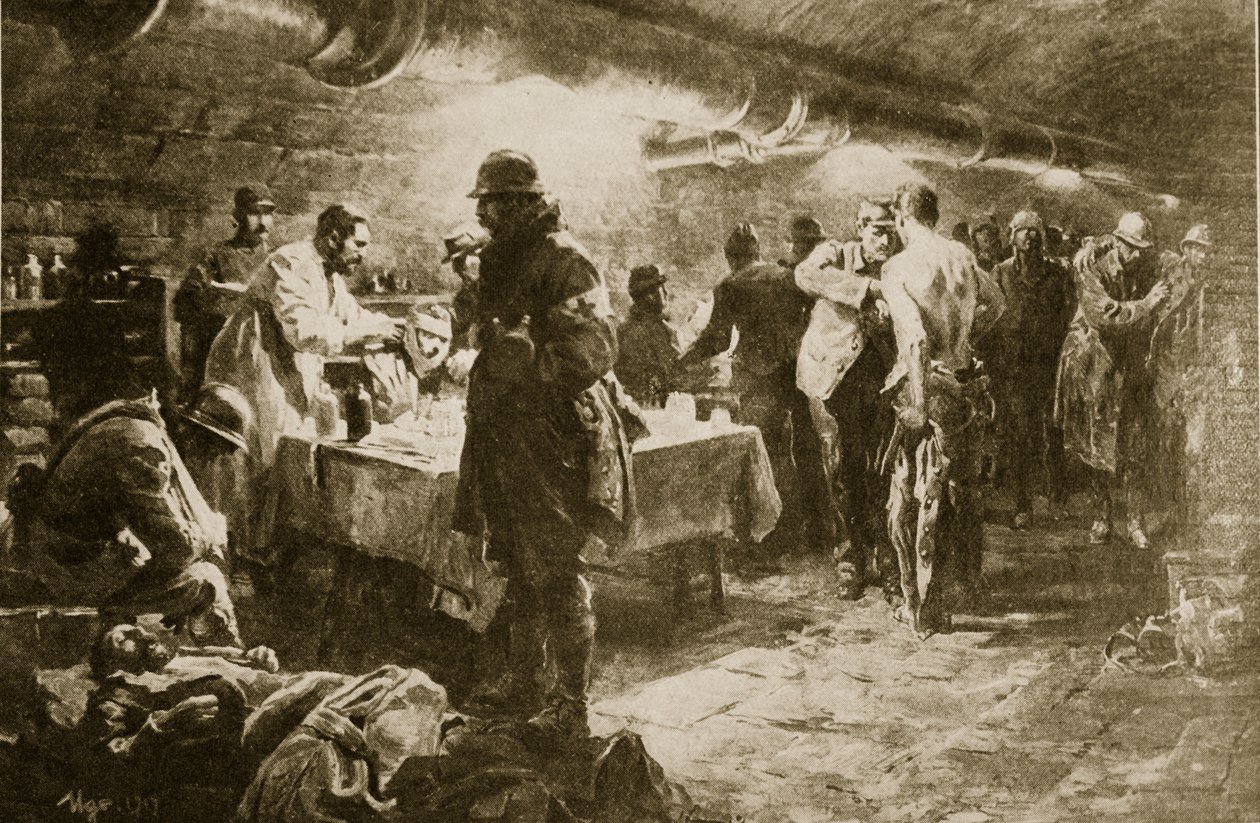 På arbejde i en kælderhjælpepost under et Verdun-fort, 1914-19 af English School