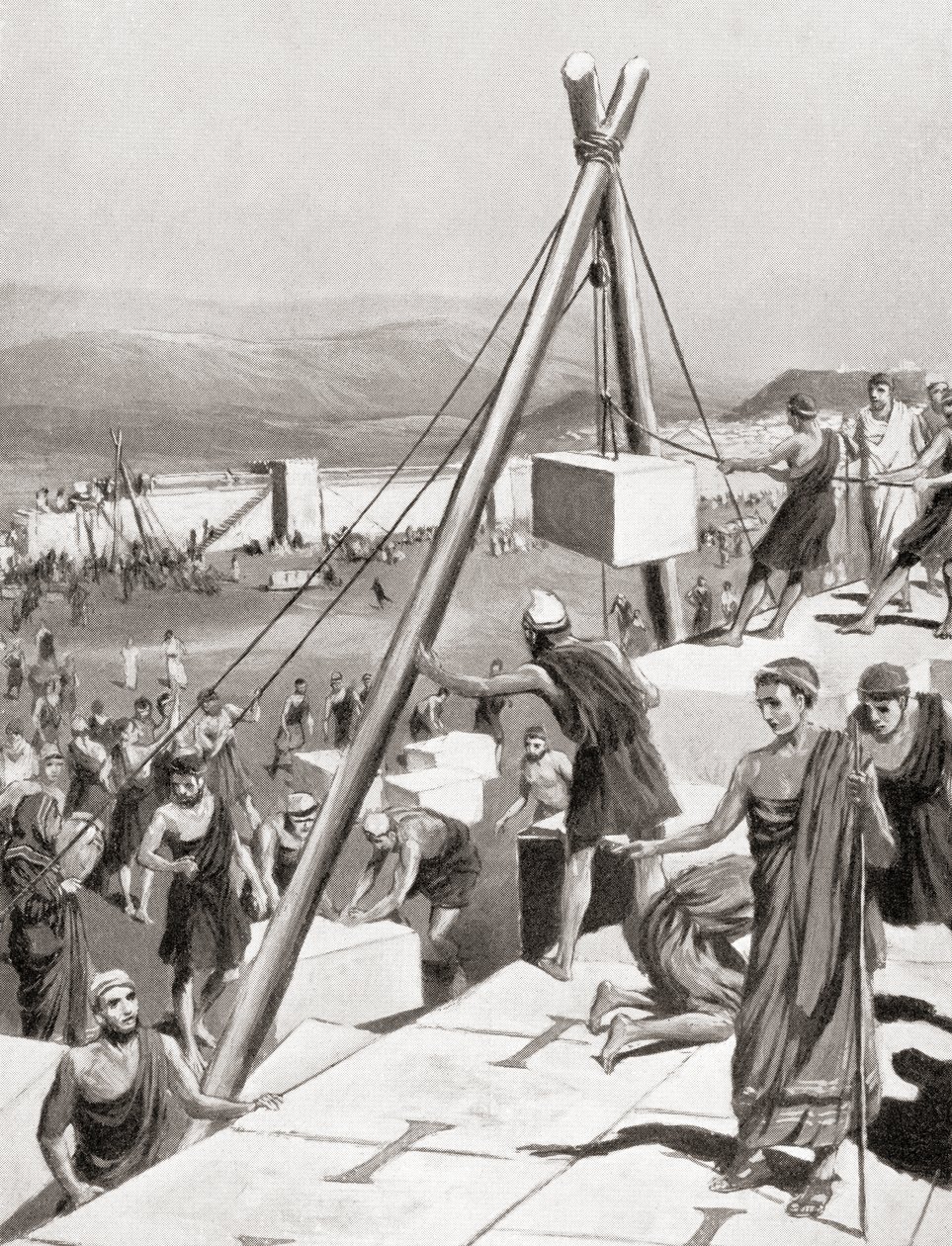 Athenerne genopbygger deres by under vejledning af Themistokles efter den persiske invasion af Grækenland, ca. 479 f.Kr., fra Hutchinson
