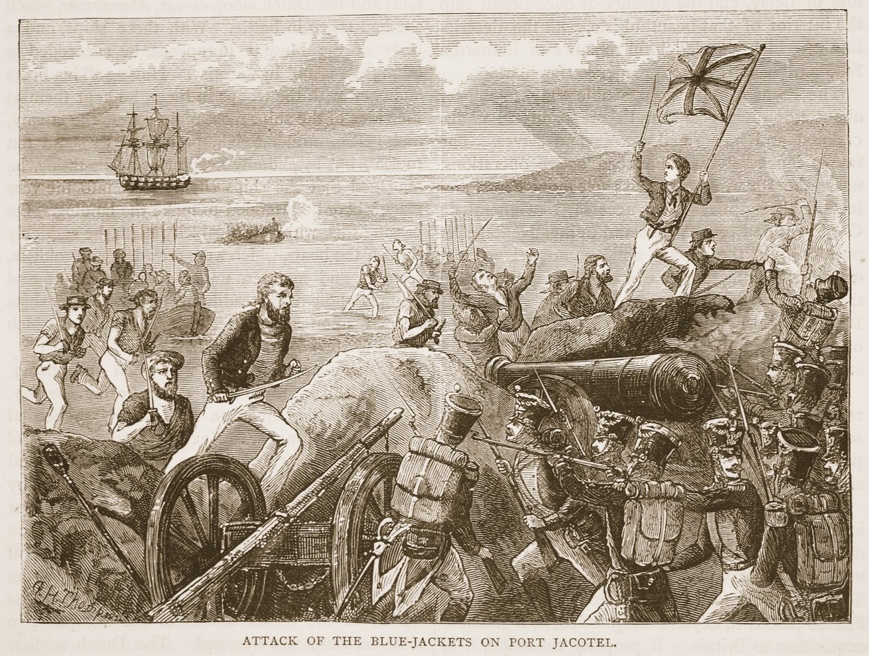 Attack of the Blue-jackets on Port Jacotel, illustration fra Cassells Illustrated History of India af James Grant, pub. 1879 af English School