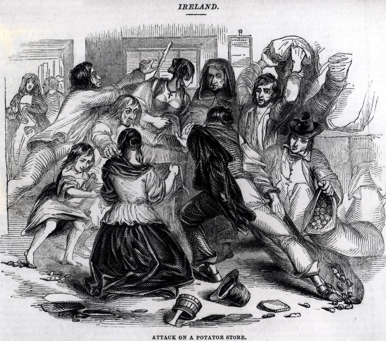 Angreb på en kartoffelbutik i Irland, ca. 1845 af English School