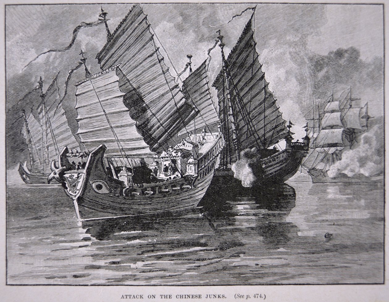 Angreb på de kinesiske junks i 1841 (litho) af English School