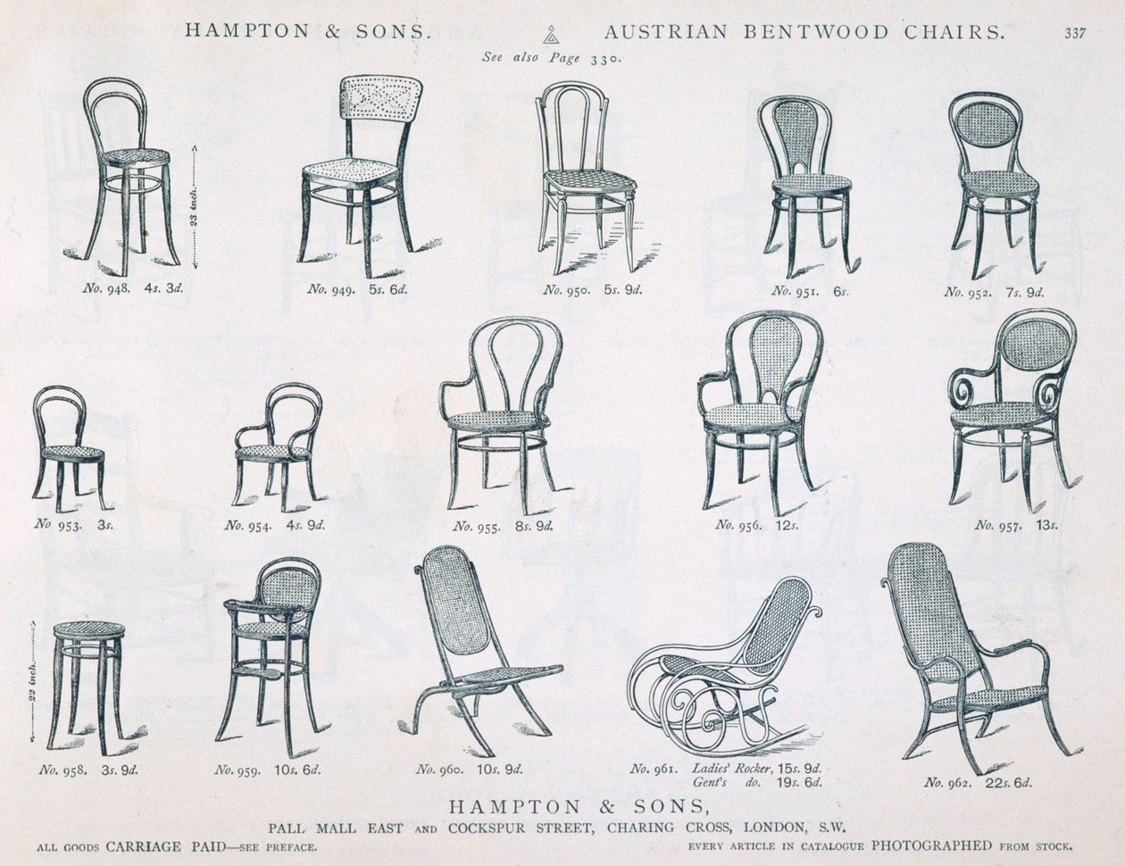 Østrigske Bentwood-stole fra Hampton and Sons Møbelkatalog, 1902, sort/hvid gravering af English School