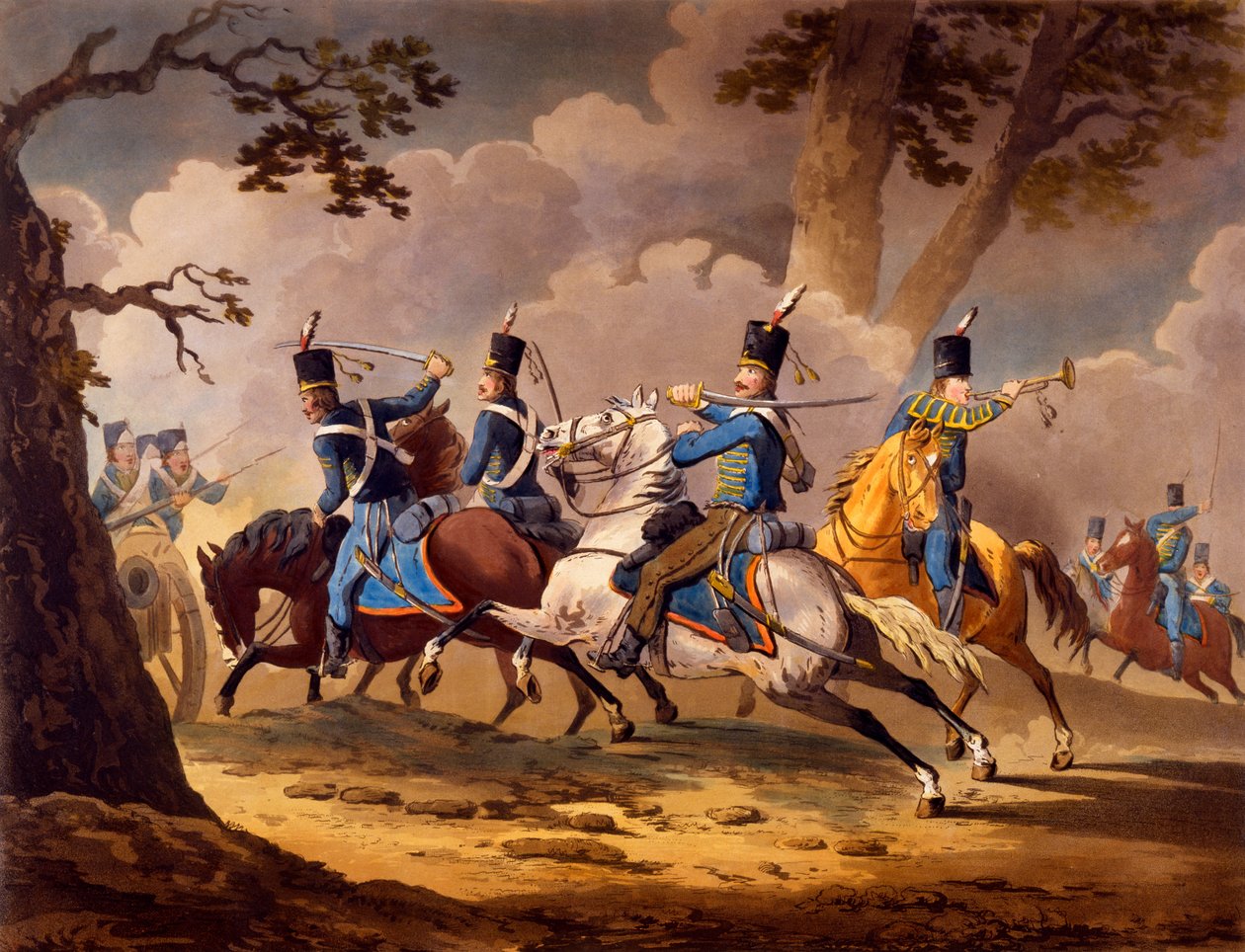 Østrigsk infanteri, der forsvarer deres artilleri fra preussiske husarer, fra de allieredes kavaleriaktioner under Napoleon-kampagnerne udgivet 1799-1802 (håndfarvet litho) af English School