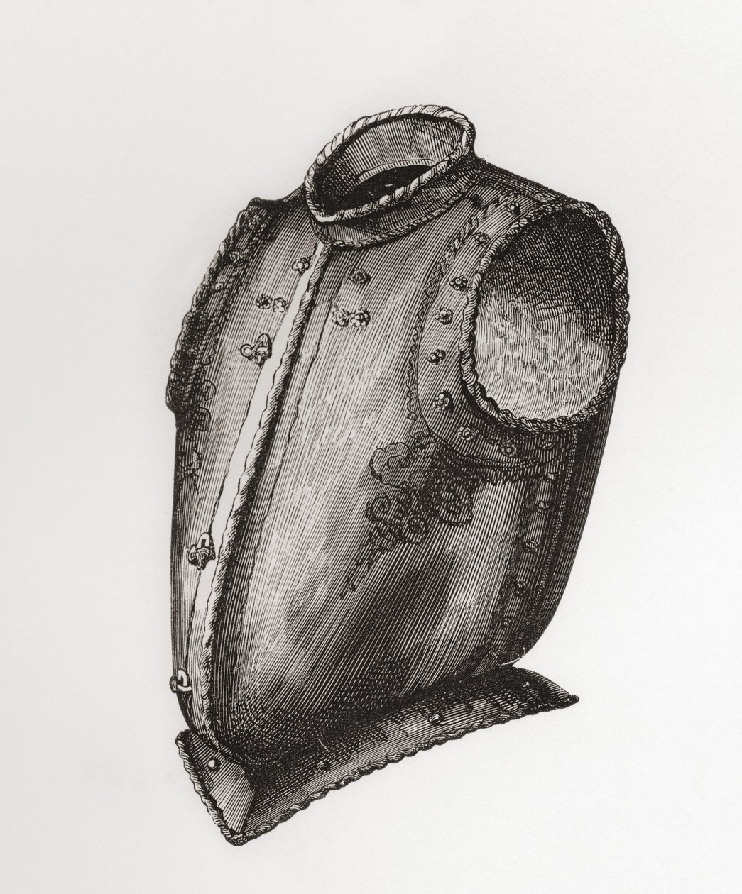 Ryg og brystplade, åbner foran, kendt som Waistcoat Breastplate, ca. 1580, fra The British Army: Its Origins, Progress and Equipment, udgivet 1868. af English School
