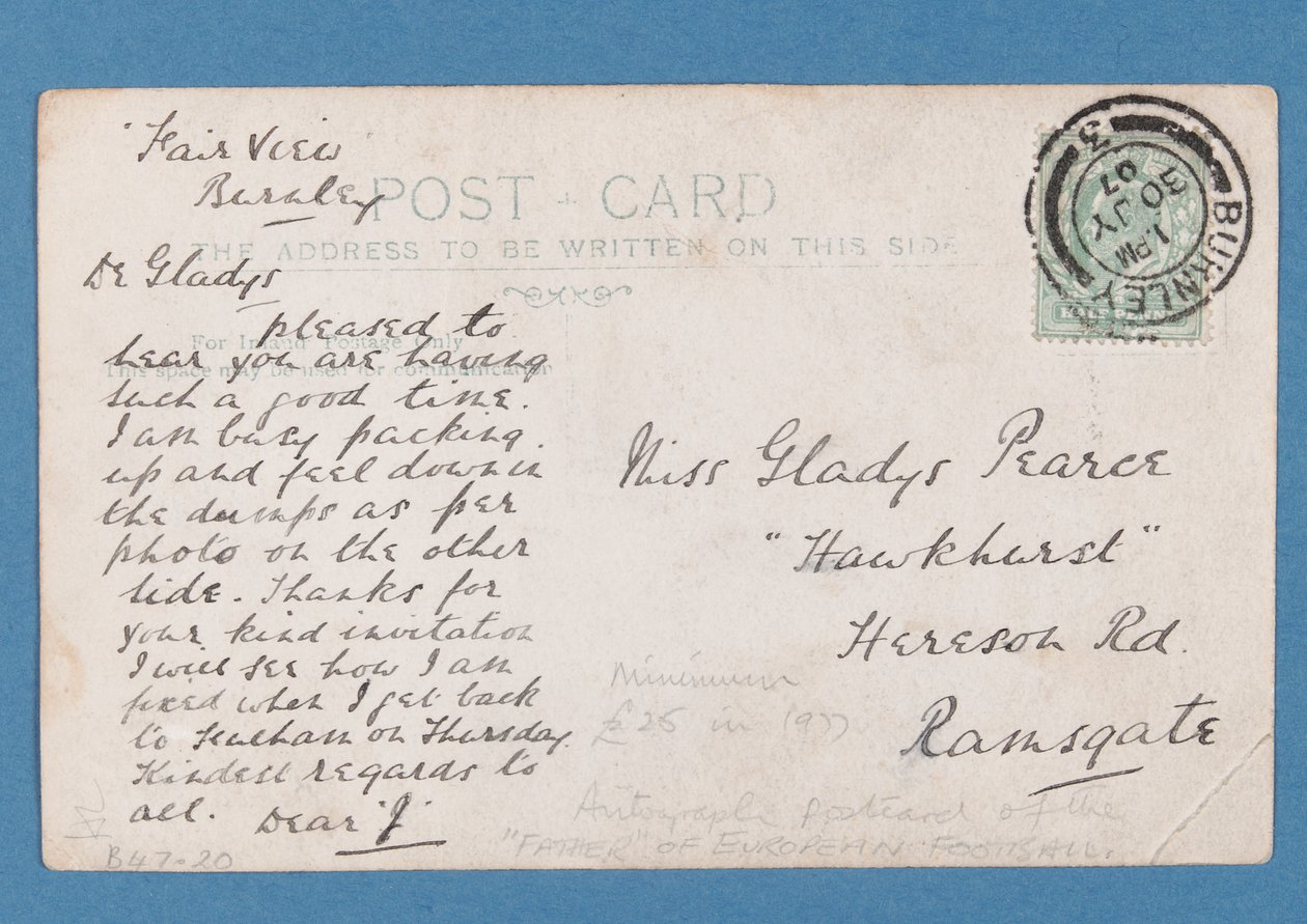 Bagsiden af Jim Hogan postkort, 1907 (par 315183) af English School
