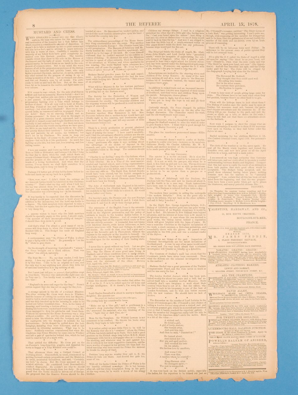 Bagsiden af The Referee, nr.35. 15 april 1878 af English School