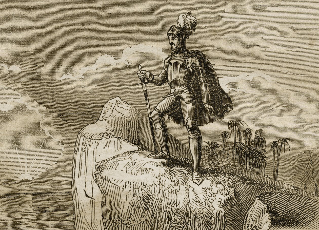 Balboas første syn på Stillehavet i 1513, illustration fra 
