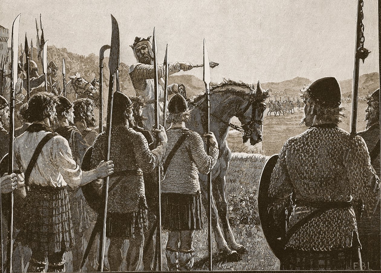 Bannockburn: Bruce gennemgår sine tropper før kamp, illustration fra Cassells Illustrated History of England (sepiafoto) af English School