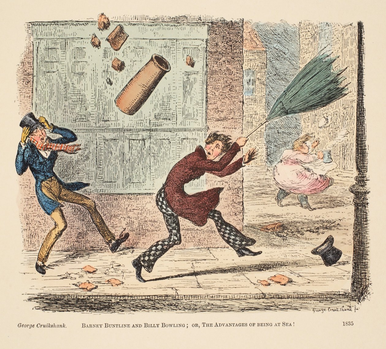 Barney Buntline og Billy Bowling; eller, Fordelene ved at være til søs, pub. 1835 (håndfarvet gravering) af English School