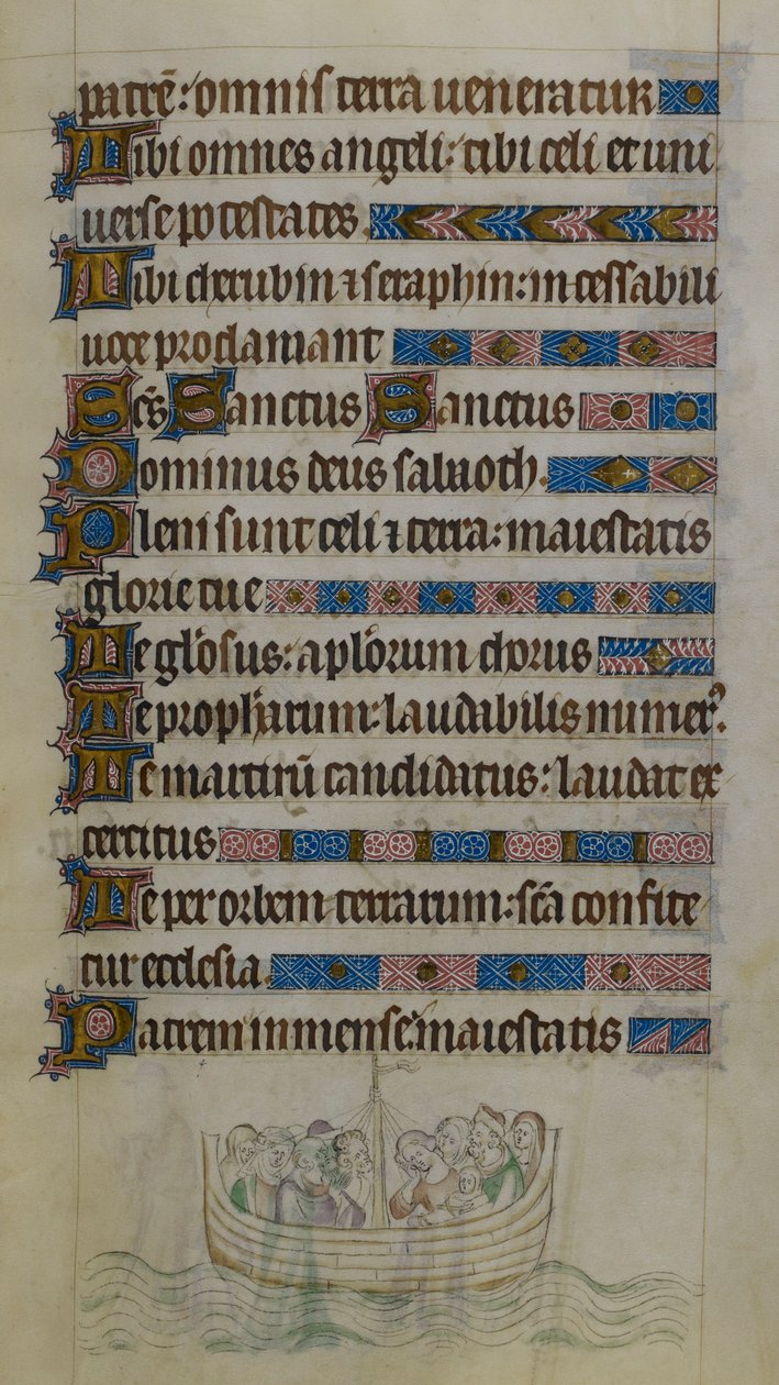 Bas-de-page scene, der viser Thomas Becket og ledsagere krydse kanalen i en båd, mens de rejser i eksil i Frankrig, illustration fra 