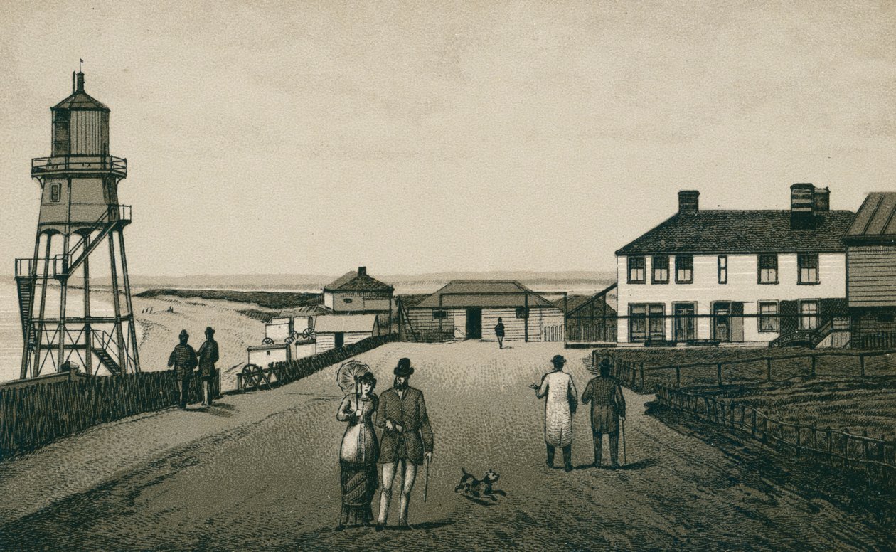 Badehus og sandstrand, Dovercourt (litografi) af English School
