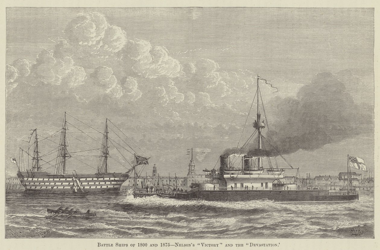 Slagskibe fra 1800 og 1875, Nelsons "Victory" og "Devastation" (gravering) af English School