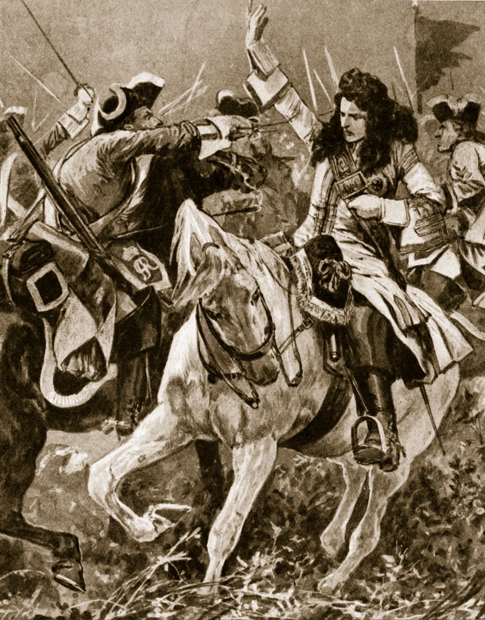 Slaget ved Malplaquet, 11. september 1709: Chevalier St. George såret under den spanske arvefølgekrig; af English School