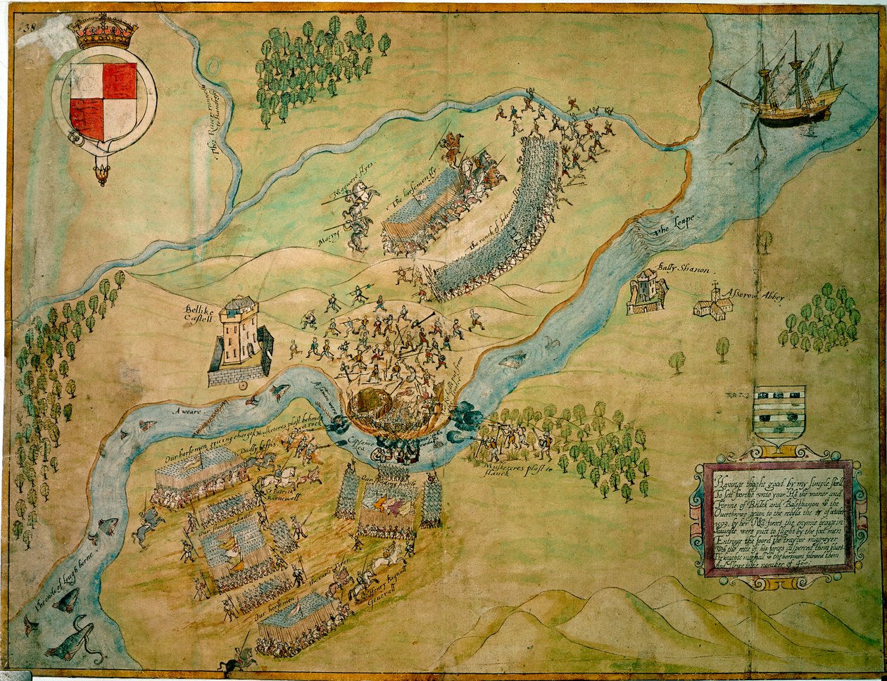 Slaget ved Erne Ford i 1593 (pen og blæk med vask på papir) af English School