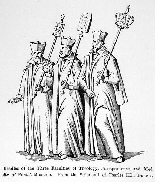 Beadles fra de tre fakulteter for teologi, retspraksis og medicin, fra begravelsen af Charles III (1543-1608) hertugen af Lorraine, illustration fra videnskab og litteratur i middelalderen og th af English School