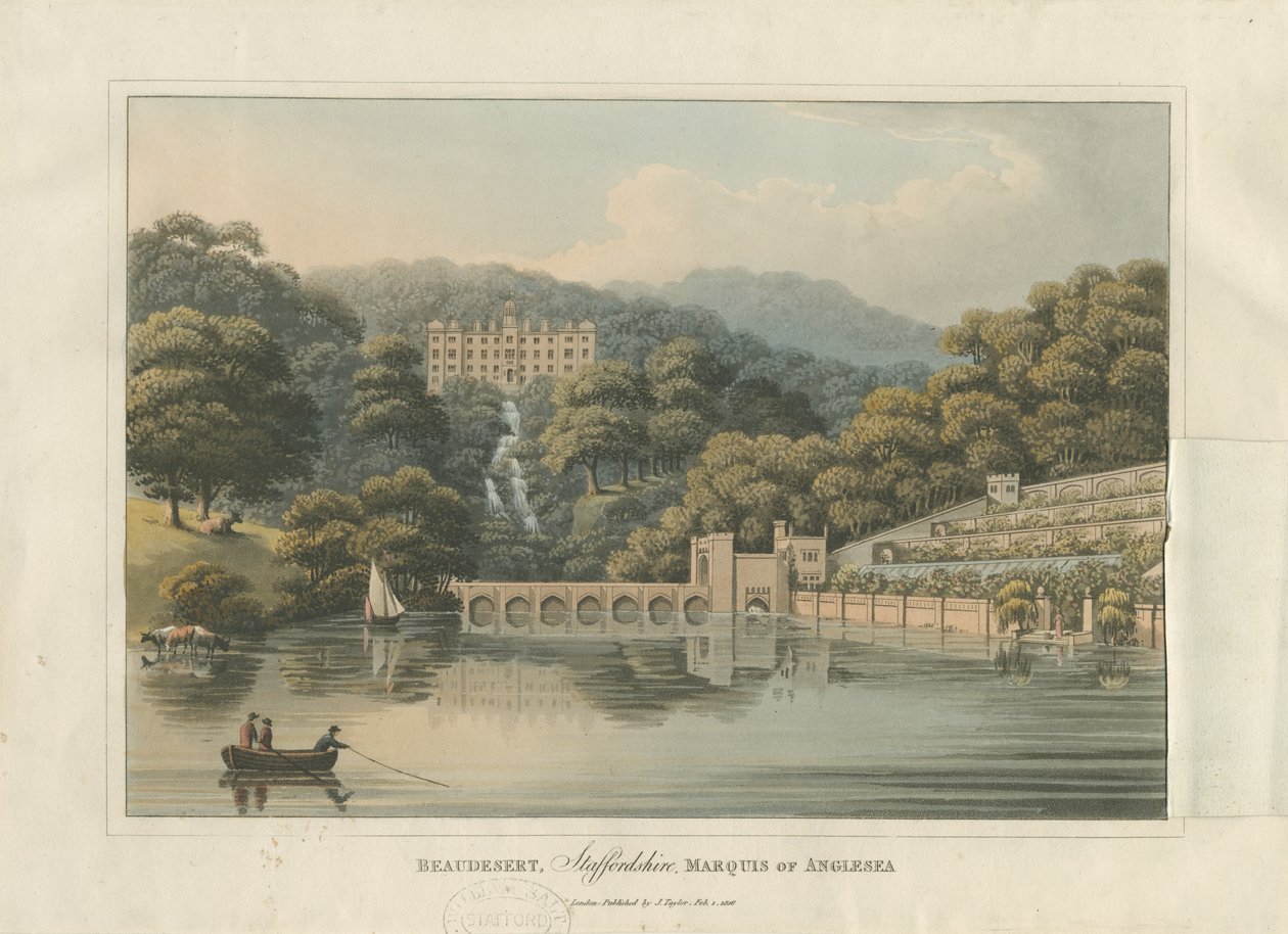 Beaudesert Hall and Park: colored aquatint engraving, 1816dani af English School
