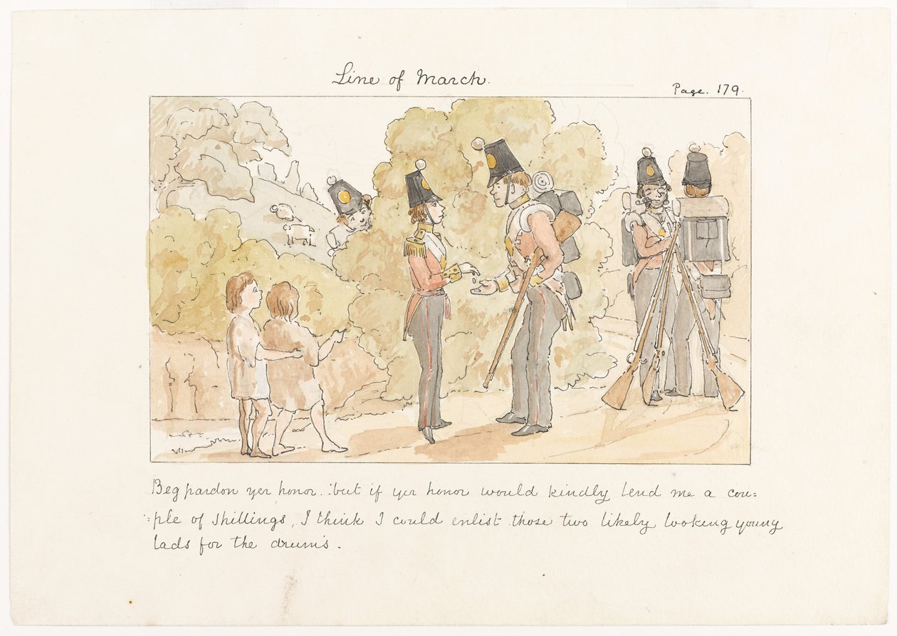 Undskyld din ære, men hvis din ære vilde låne mig et par shilling, tror jeg, at jeg kunne få de to unge drenge til trommer, ca. 1850 (akvarel på papir) af English School