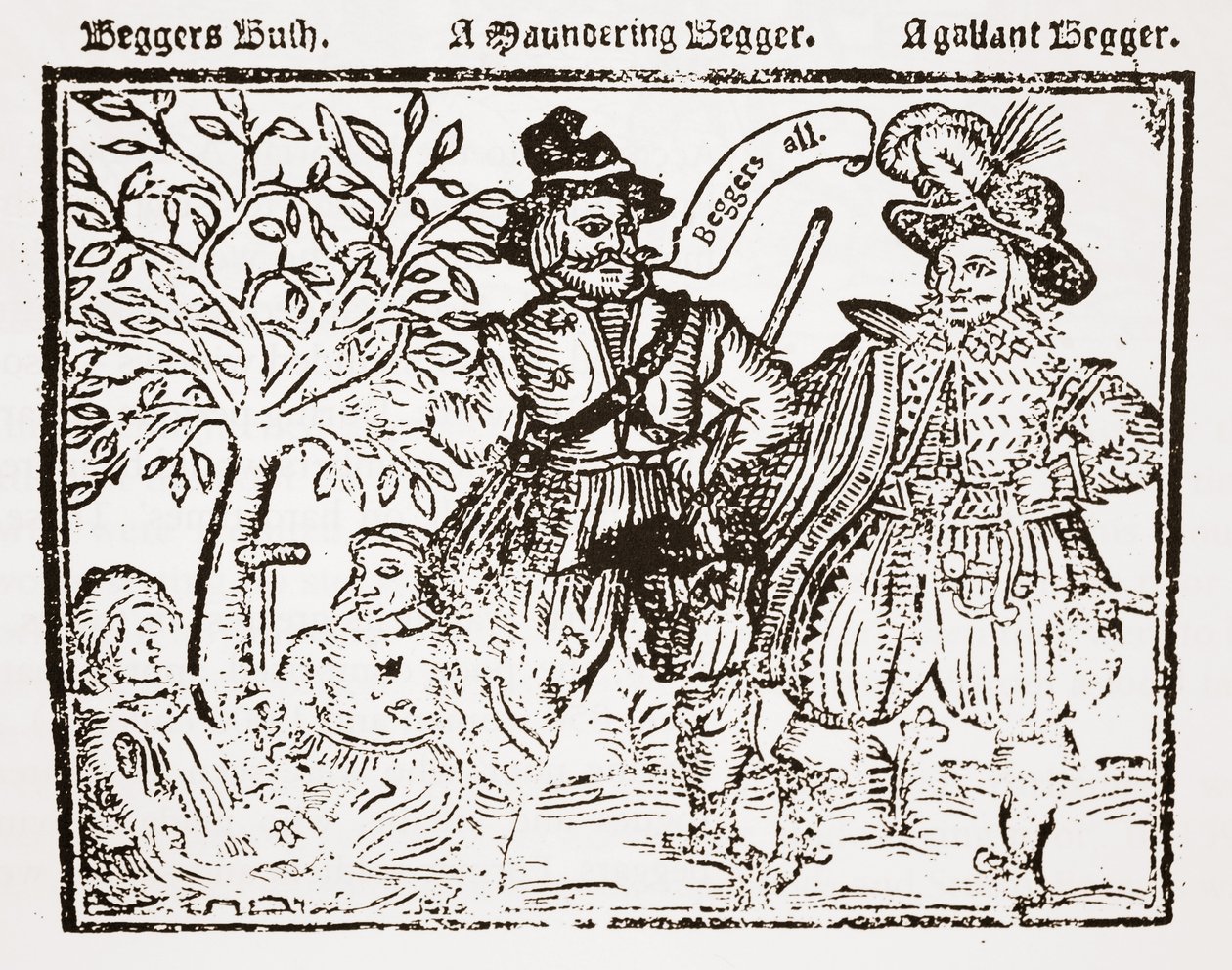 Beggars All: Beggars Bush, a Wandering Beggar and a Gallant Beggar, titelblad til The Praise, Antiquity and Commodity of Beggary, Beggars and Begging af English School