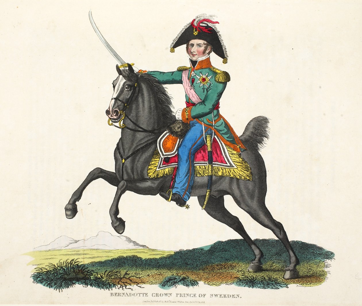 Bernadotte, Sveriges kronprins, pub. af Richard Evans, engr Romney, illustration fra An Historical Account of the Battle of Waterloo af William Mudford, 1816 af English School